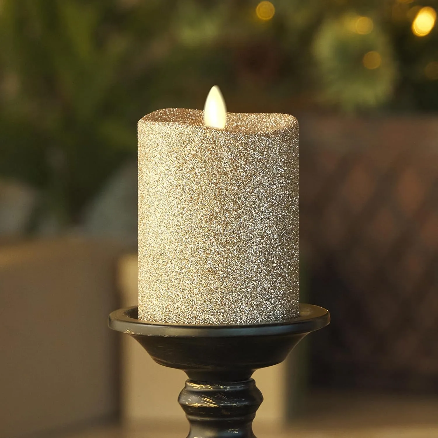 Luminara Realistic LED Moving Flame Pillar Candle, Gold Metallic Glitter, 3" x 4" Inch, Battery Operated w/Remote, Indoor Outdoor, Timer Function