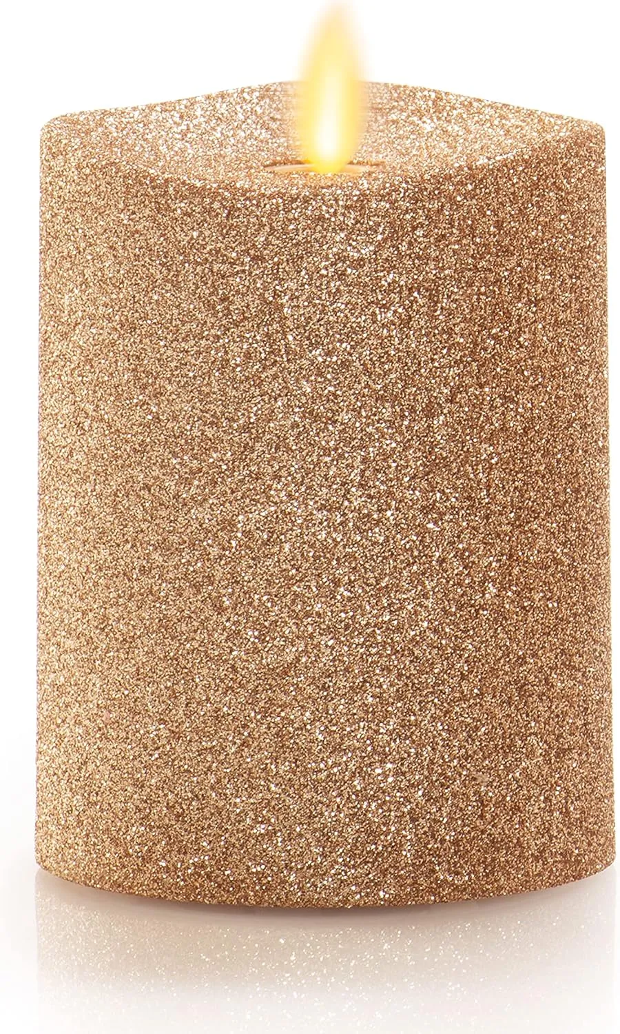 Luminara Realistic LED Moving Flame Pillar Candle, Gold Metallic Glitter, 3" x 4" Inch, Battery Operated w/Remote, Indoor Outdoor, Timer Function