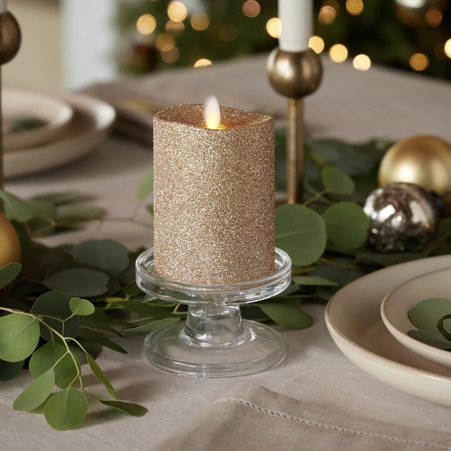 Luminara Realistic LED Moving Flame Pillar Candle, Gold Metallic Glitter, 3" x 4" Inch, Battery Operated w/Remote, Indoor Outdoor, Timer Function