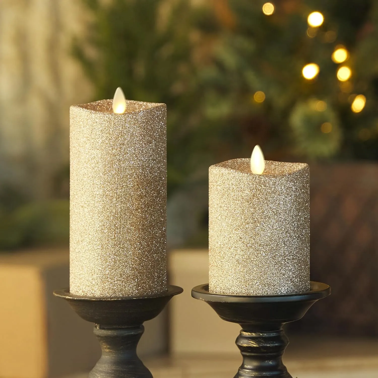 Luminara Realistic LED Moving Flame Pillar Candle, Gold Metallic Glitter, 3" x 4" Inch, Battery Operated w/Remote, Indoor Outdoor, Timer Function