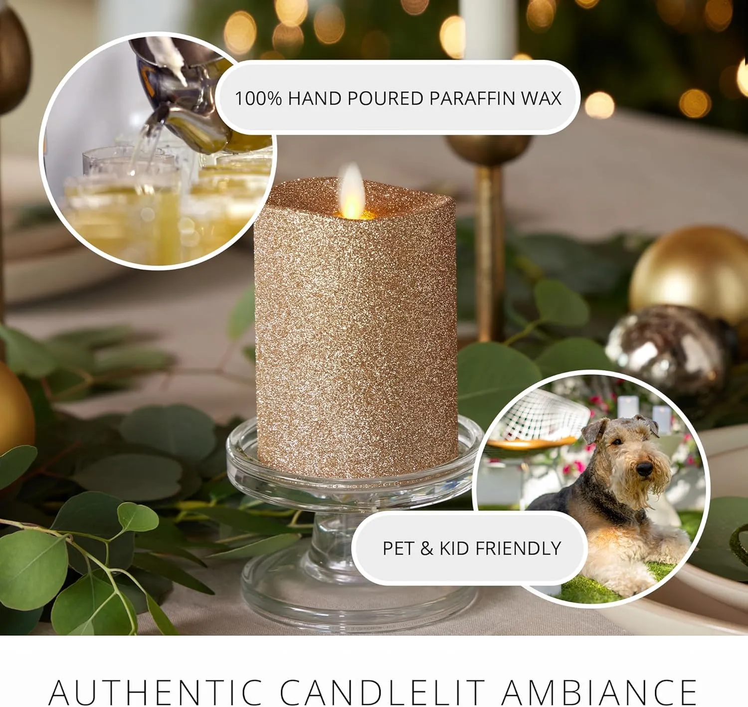 Luminara Realistic LED Moving Flame Pillar Candle, Gold Metallic Glitter, 3" x 4" Inch, Battery Operated w/Remote, Indoor Outdoor, Timer Function