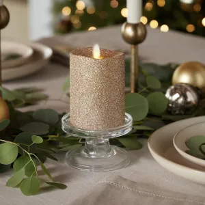 Luminara Realistic LED Moving Flame Pillar Candle, Gold Metallic Glitter, 3" x 4" Inch, Battery Operated w/Remote, Indoor Outdoor, Timer Function