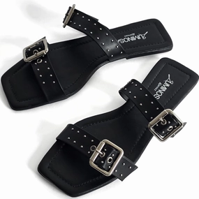 LUMINOSA Women's Double Strap Sandals with Buckle and Stud Detailing