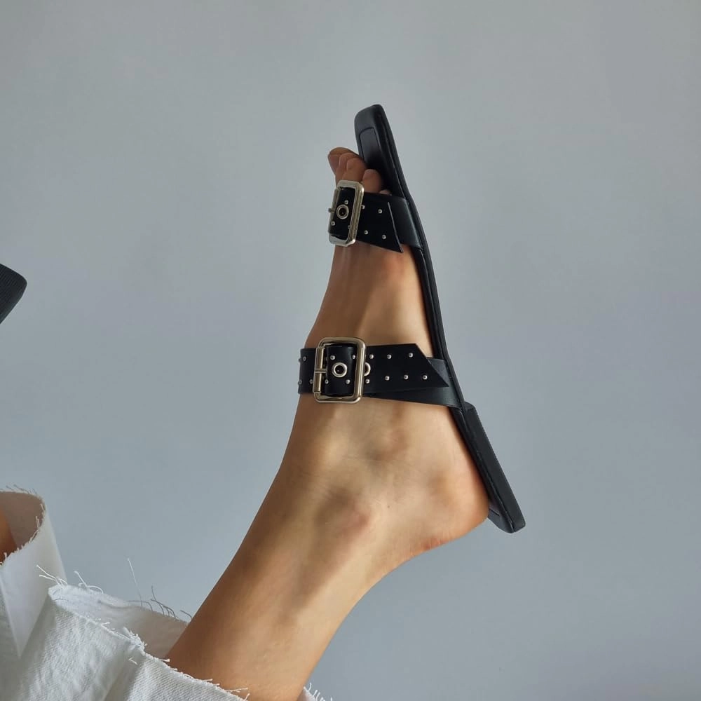 LUMINOSA Women's Double Strap Sandals with Buckle and Stud Detailing