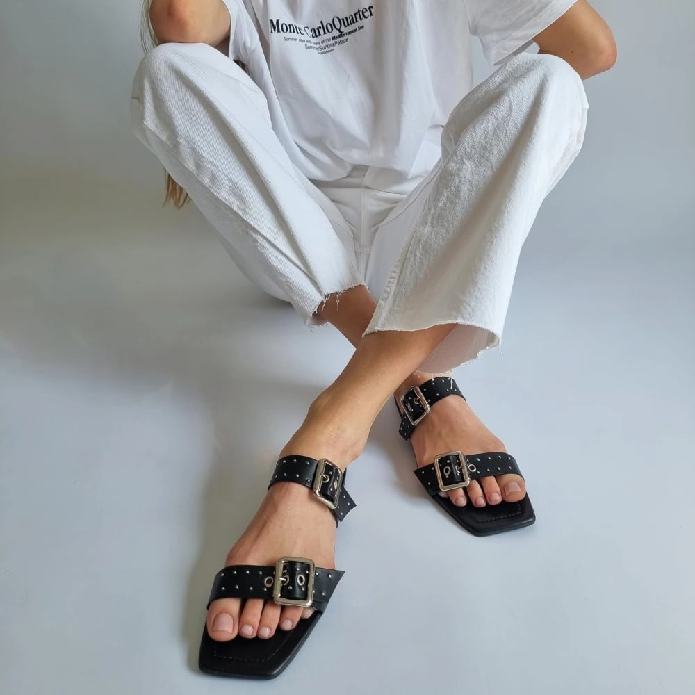 LUMINOSA Women's Double Strap Sandals with Buckle and Stud Detailing