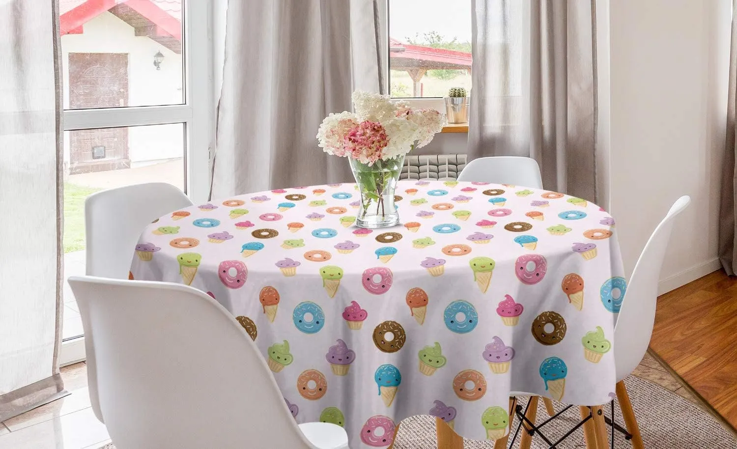 Lunarable Kawai Round Tablecloth, Cartoon Style Pattern of Cupcakes Ice Cream and Donuts with Sprinkles, Circle Table Cloth Cover for Dining Room Kitchen Decoration, 60", Peach Pink