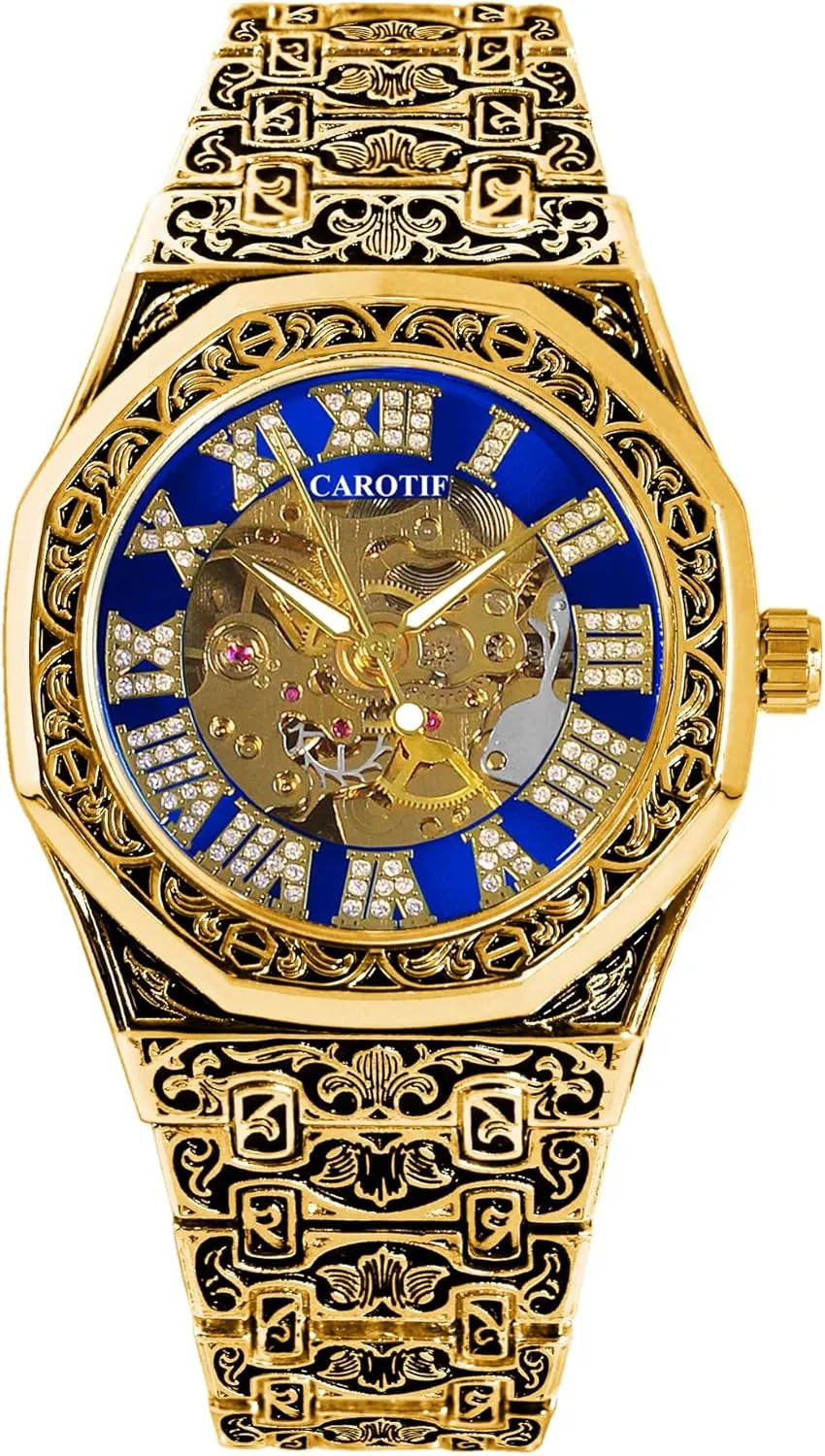 Luxury Mechanical Watch, Gold-Tone Skeleton Dial, Crystal Accents, Blue Bezel, Carved Band