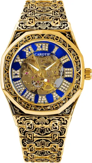 Luxury Mechanical Watch, Gold-Tone Skeleton Dial, Crystal Accents, Blue Bezel, Carved Band