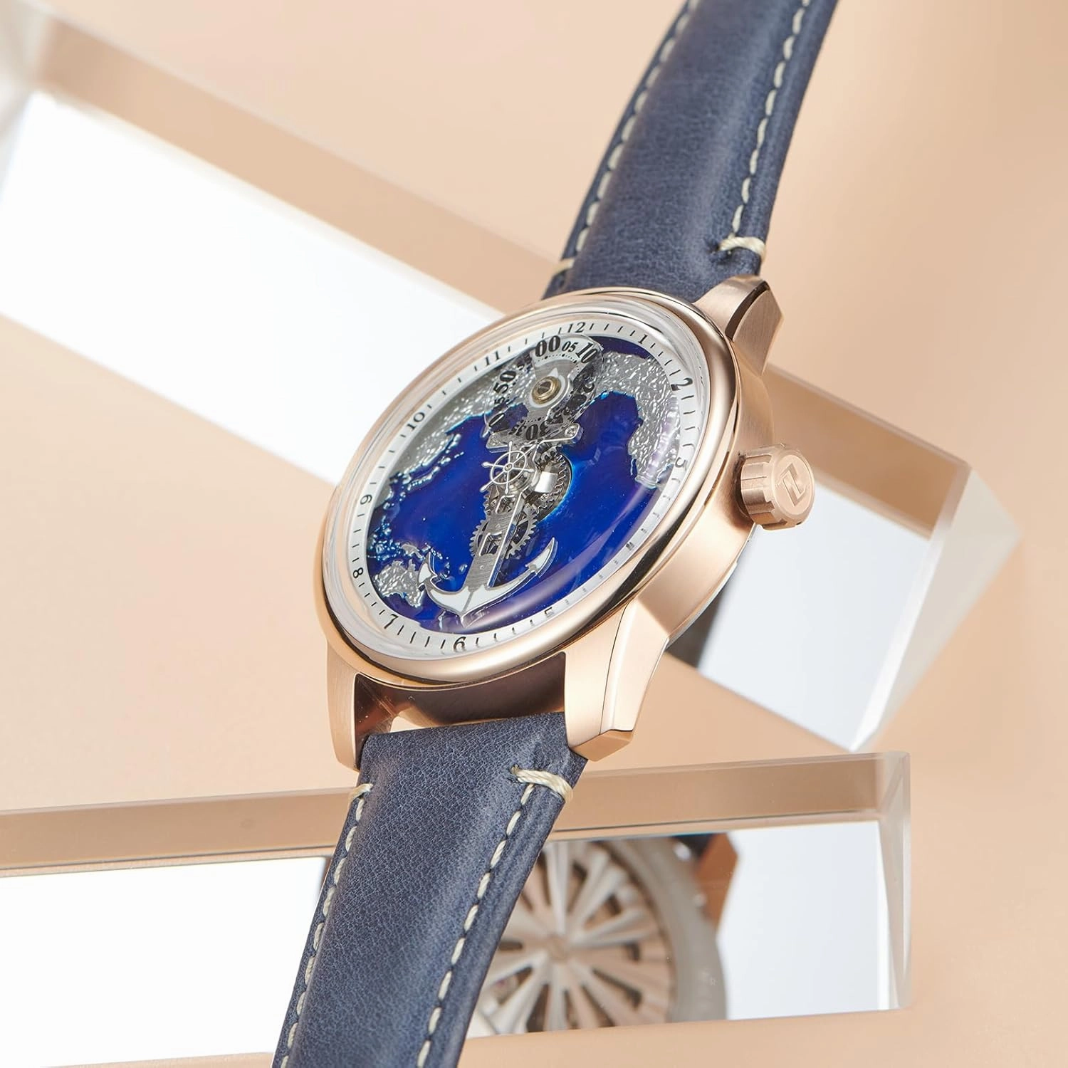 Luxury Anchor Dial Maritime Navigation Automatic Watch, Rose Gold Case, Navy Blue Leather Strap