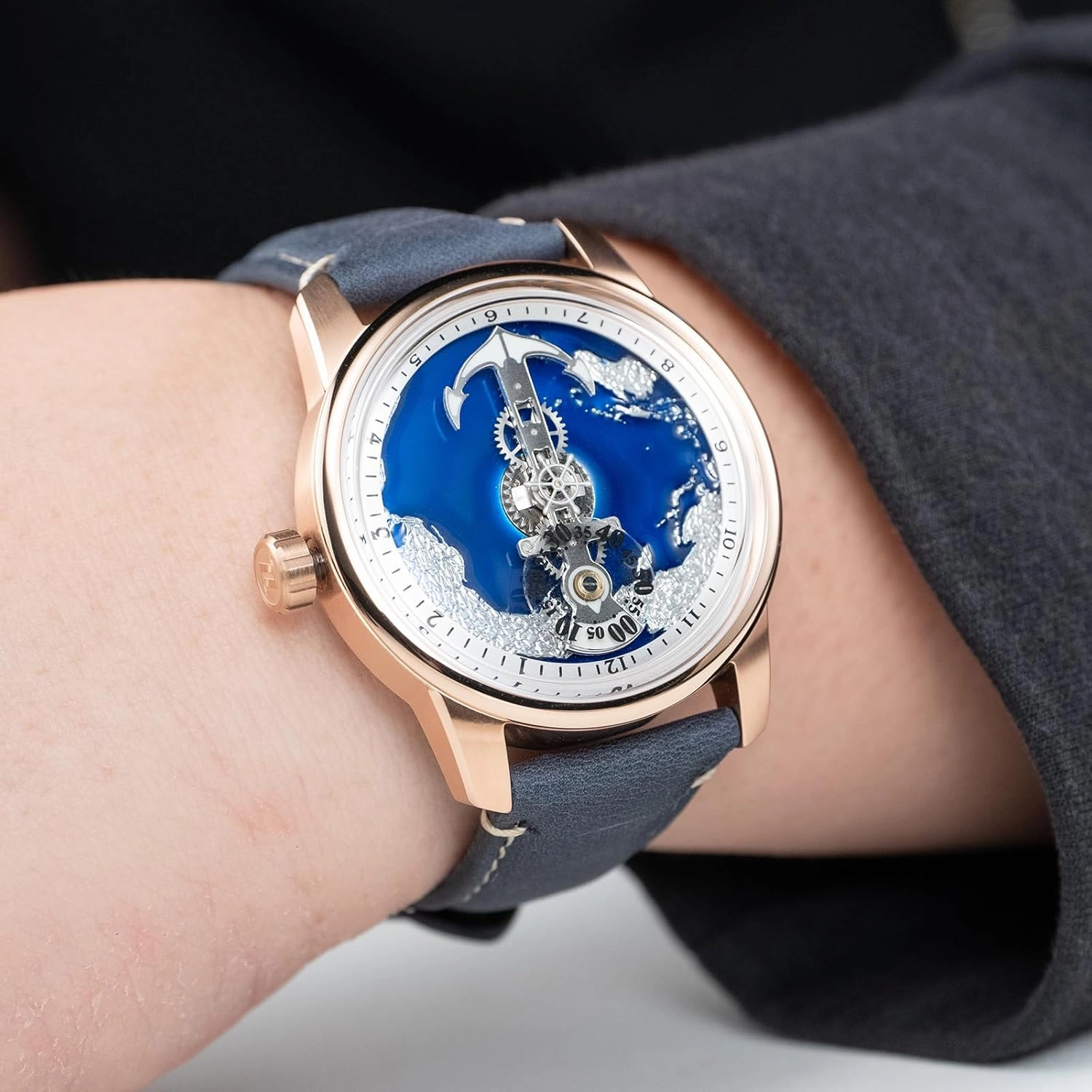 Luxury Anchor Dial Maritime Navigation Automatic Watch, Rose Gold Case, Navy Blue Leather Strap