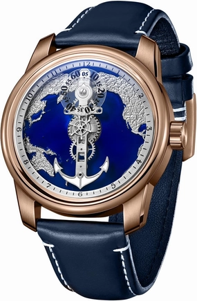 Luxury Anchor Dial Maritime Navigation Automatic Watch, Rose Gold Case, Navy Blue Leather Strap
