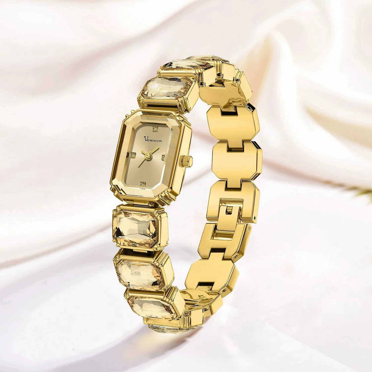 Luxury Womens Diamond Watch Bracelets Crystal Band Gold-Tone Octagonal Face