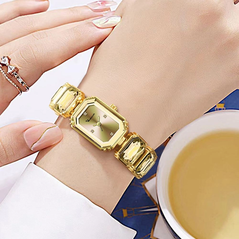 Luxury Womens Diamond Watch Bracelets Crystal Band Gold-Tone Octagonal Face