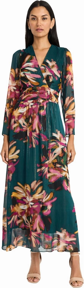 Maggy London Women's Floral Maxi Wrap Long Sleeve V-Neck-Elegant Wedding Guest Dress