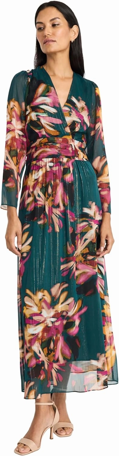 Maggy London Women's Floral Maxi Wrap Long Sleeve V-Neck-Elegant Wedding Guest Dress