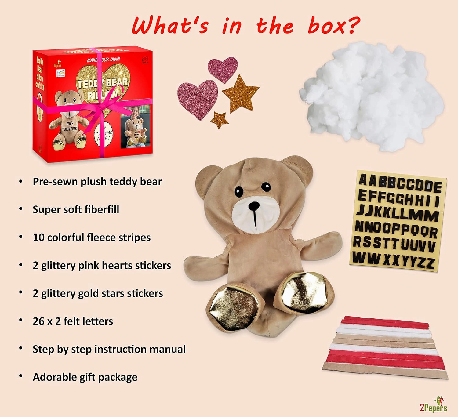 Make Your Own Teddy Bear Plush Pillow Kit Arts and Crafts for Girls (No Sew), Teddy Bear Craft Kit for Girls Ages 3-5 4-6 5-7 Years Old Birthday Present, for Kids, DIY Kids Crafts