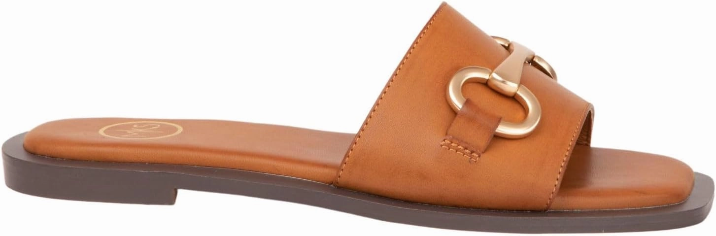 Maker's Shoes - Women's Flat Slide Sandals, Comfortable Square Open Toe, Slip On Leather With Gold Hardware Design