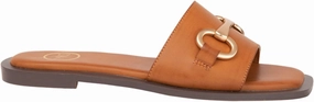Maker's Shoes - Women's Flat Slide Sandals, Comfortable Square Open Toe, Slip On Leather With Gold Hardware Design