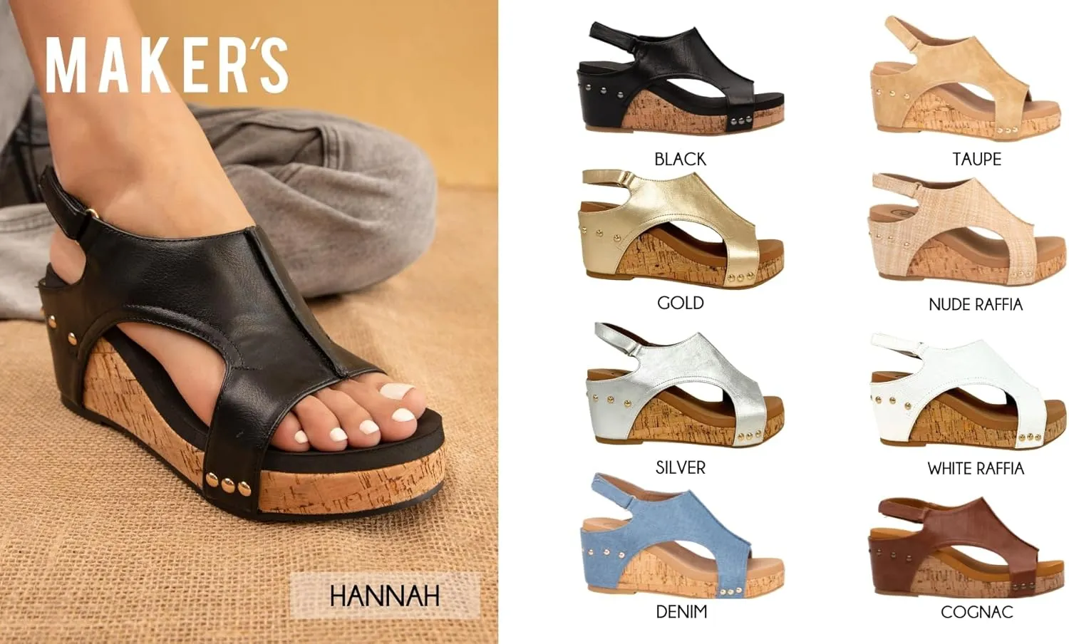 MAKERS SHOES HANNAH Women’s Lightweight Wedge Sandals, Comfortable Design, Velcro Slingback Closure, Easy On-and-Off, Stylish and Versatile