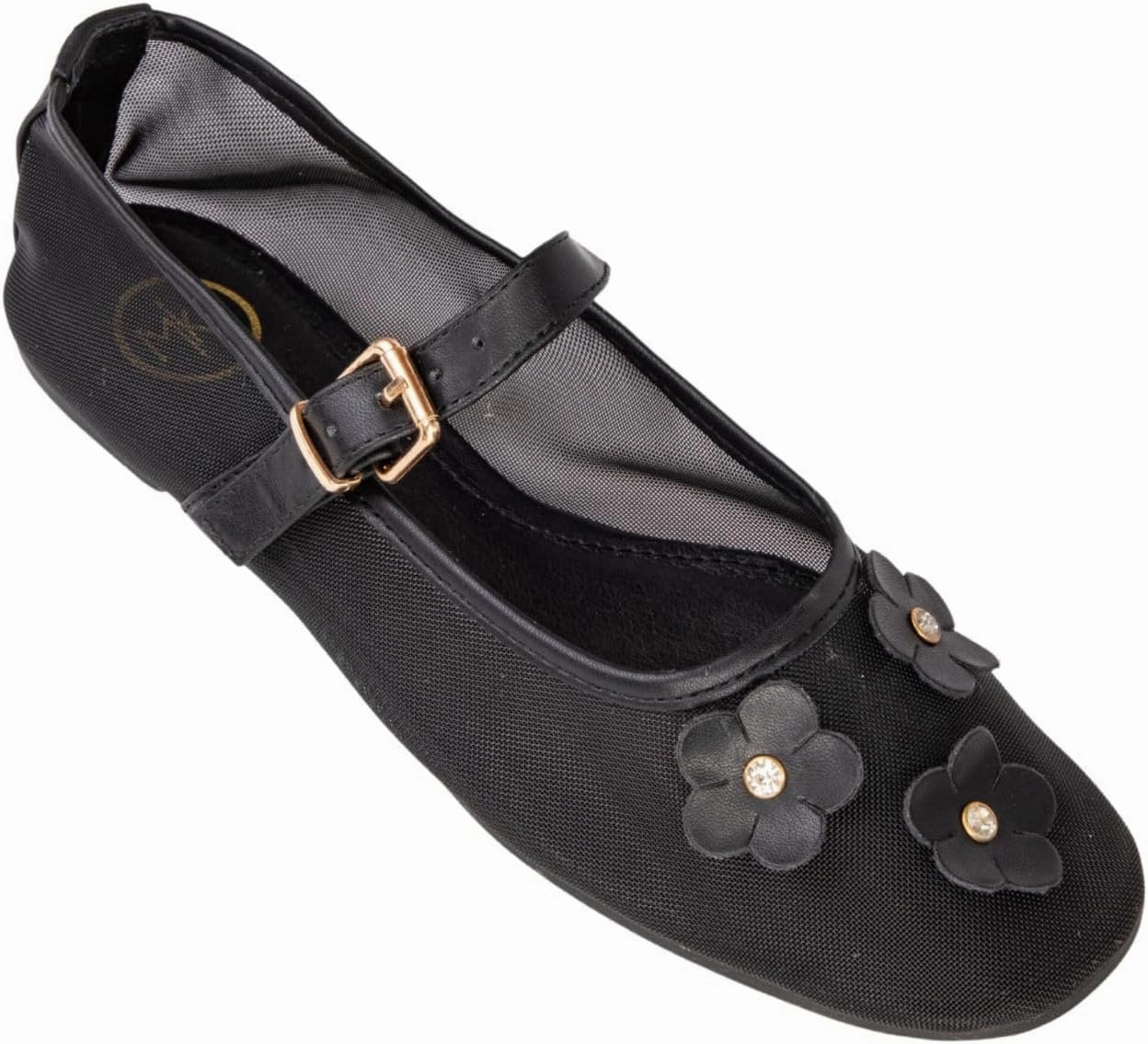 Makers Shoes - LEVI 1 - Mary Jane Flats with Flower Appliques, Ballet Style Dress Shoes, Black Silver Gold