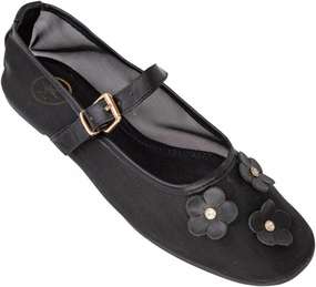 Makers Shoes - LEVI 1 - Mary Jane Flats with Flower Appliques, Ballet Style Dress Shoes, Black Silver Gold