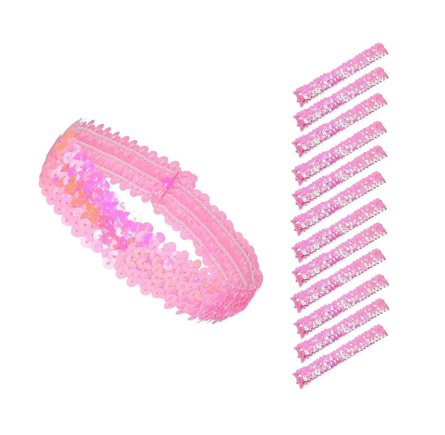 Mandala Crafts Pink Sequins Headbands - 12 Elastic Sparkle Headbands for Women & Girls - Disco Accessories
