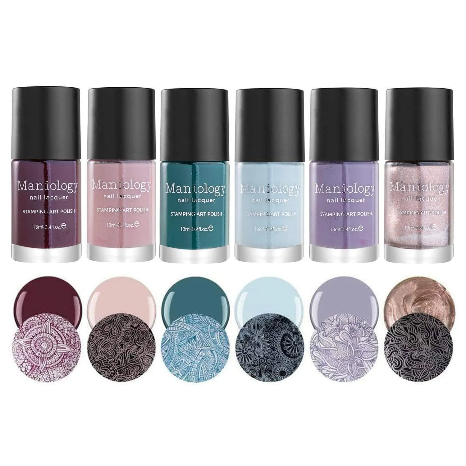 Maniology Snowflake Waltz Stamping Art Polish Set, Winter-Themed Color Nail Lacquers (Deep Plum, Nude Pink, Deep Teal, Light Blue, Delicate Mauve, Sparkling Champagne, Set of 6)