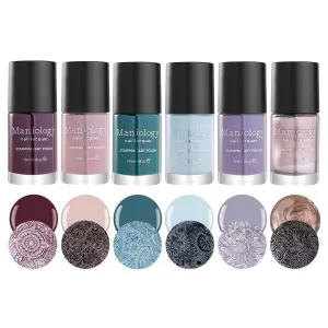Maniology Snowflake Waltz Stamping Art Polish Set, Winter-Themed Color Nail Lacquers (Deep Plum, Nude Pink, Deep Teal, Light Blue, Delicate Mauve, Sparkling Champagne, Set of 6)