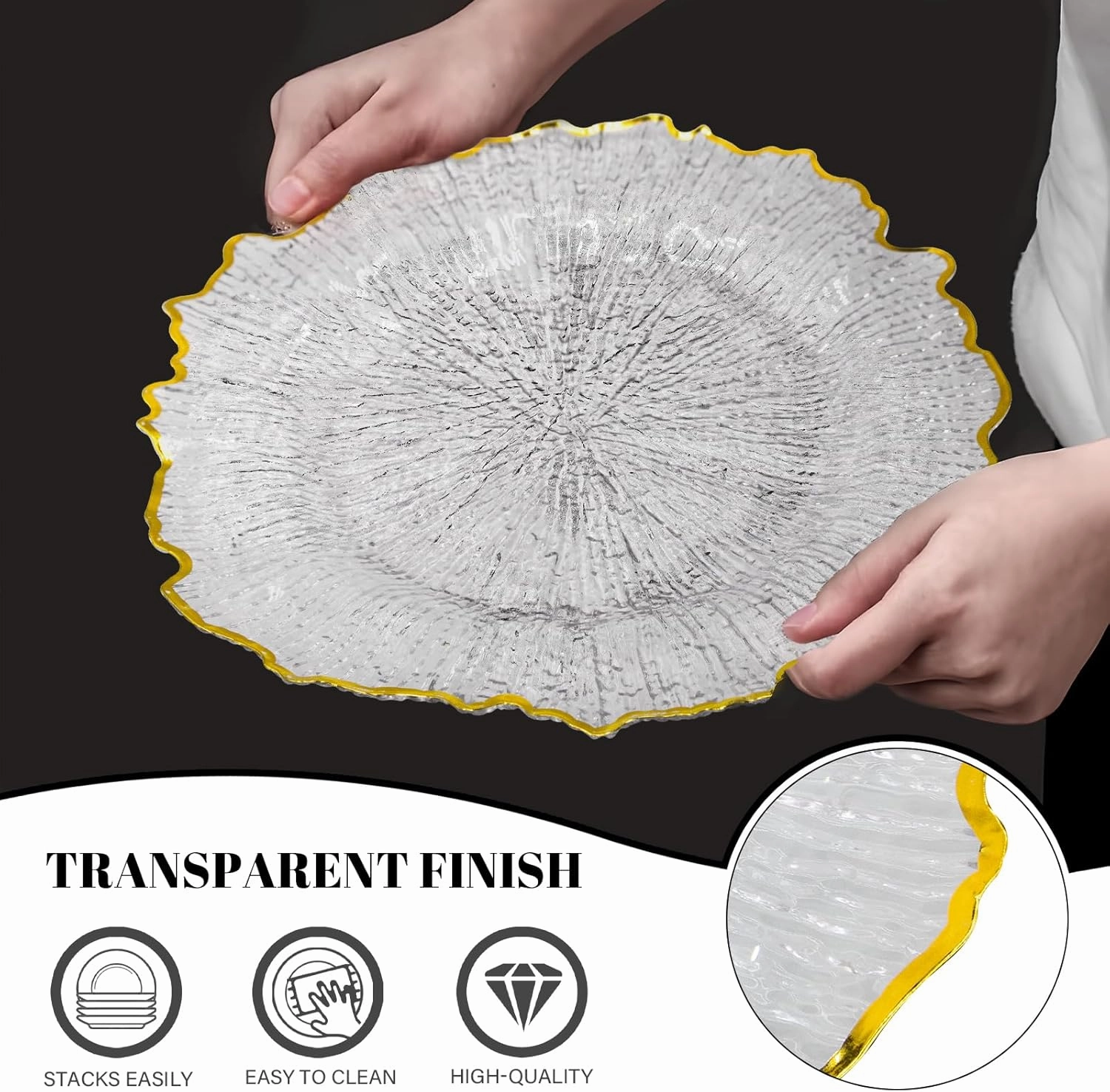 MAONAME 13" Clear Charger Plates, Round Reef Chargers for Dinner Plates, Plastic Plate Chargers for Table Setting, Wedding Decor, Set of 12