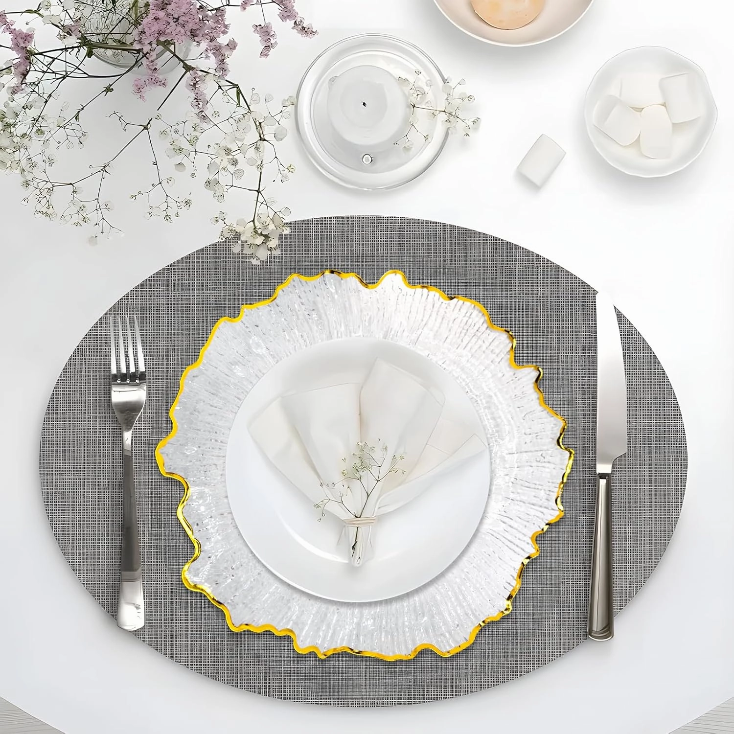 MAONAME 13" Clear Charger Plates, Round Reef Chargers for Dinner Plates, Plastic Plate Chargers for Table Setting, Wedding Decor, Set of 12