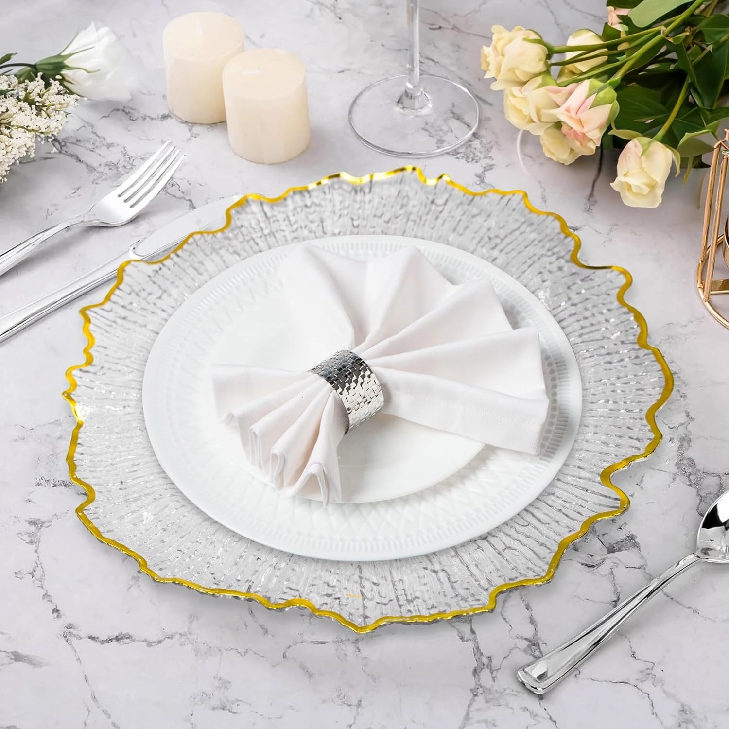 MAONAME 13" Clear Charger Plates, Round Reef Chargers for Dinner Plates, Plastic Plate Chargers for Table Setting, Wedding Decor, Set of 12