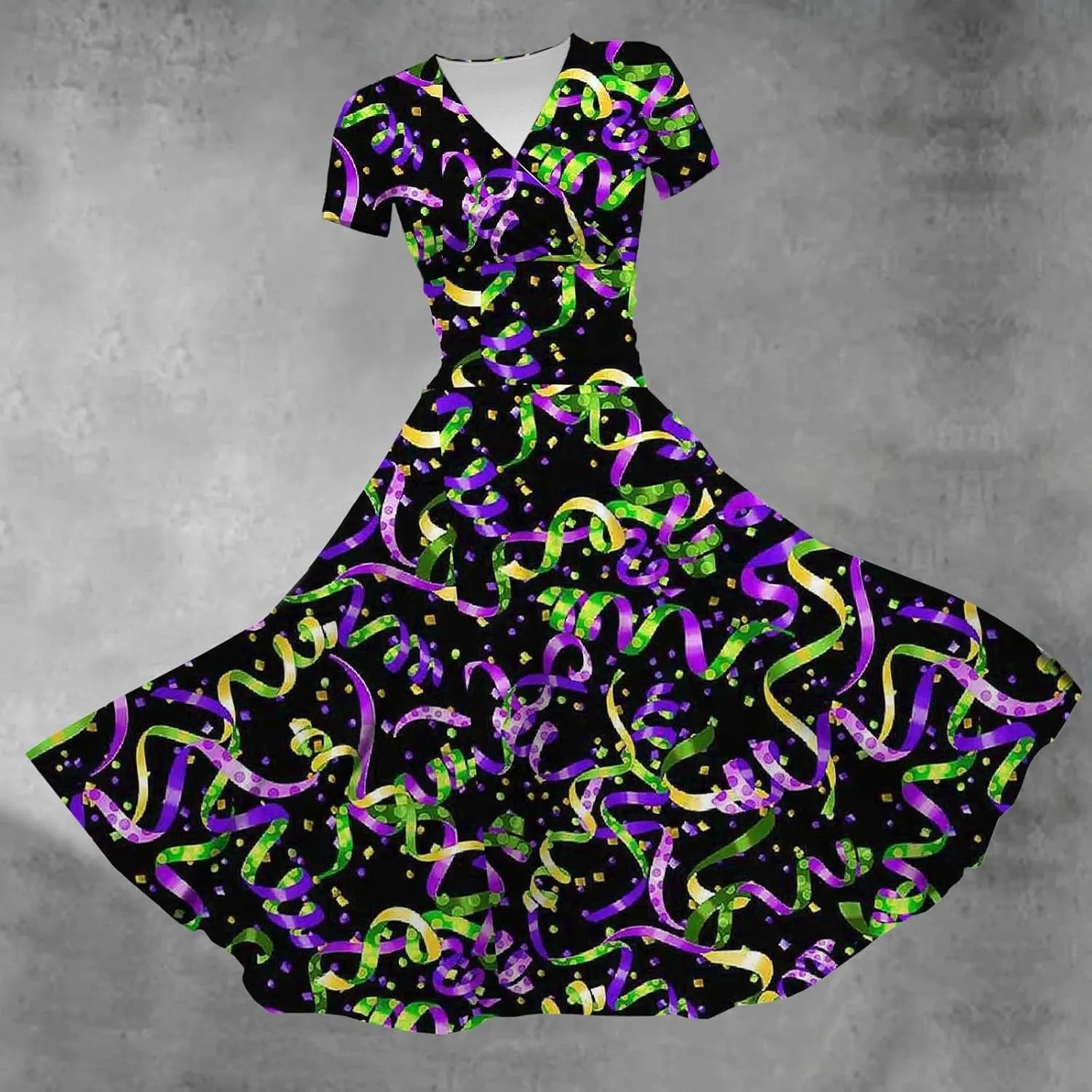 Mardi Gras Dress for Women, 2024 Summer Carnival & Party Maxi Dress with V-Neck & Short Sleeves