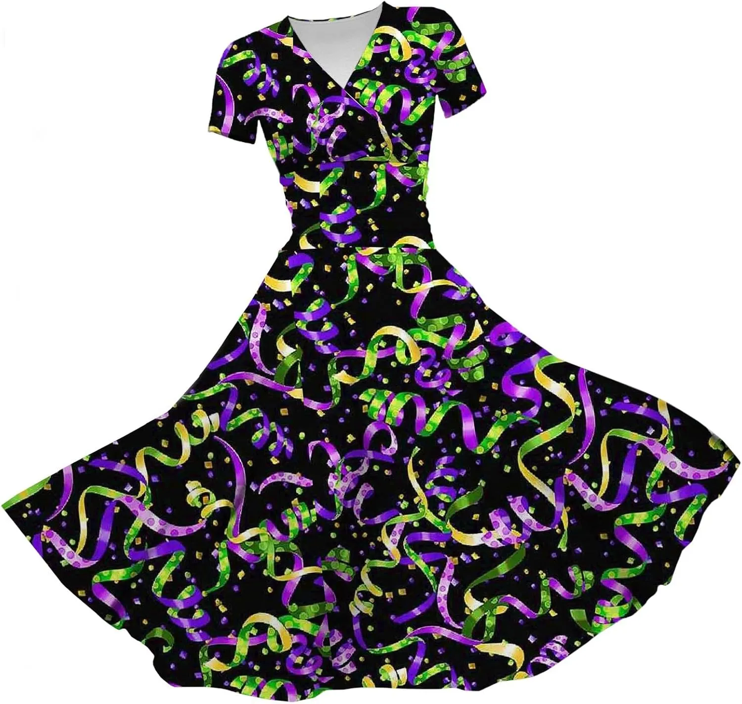 Mardi Gras Dress for Women, 2024 Summer Carnival & Party Maxi Dress with V-Neck & Short Sleeves