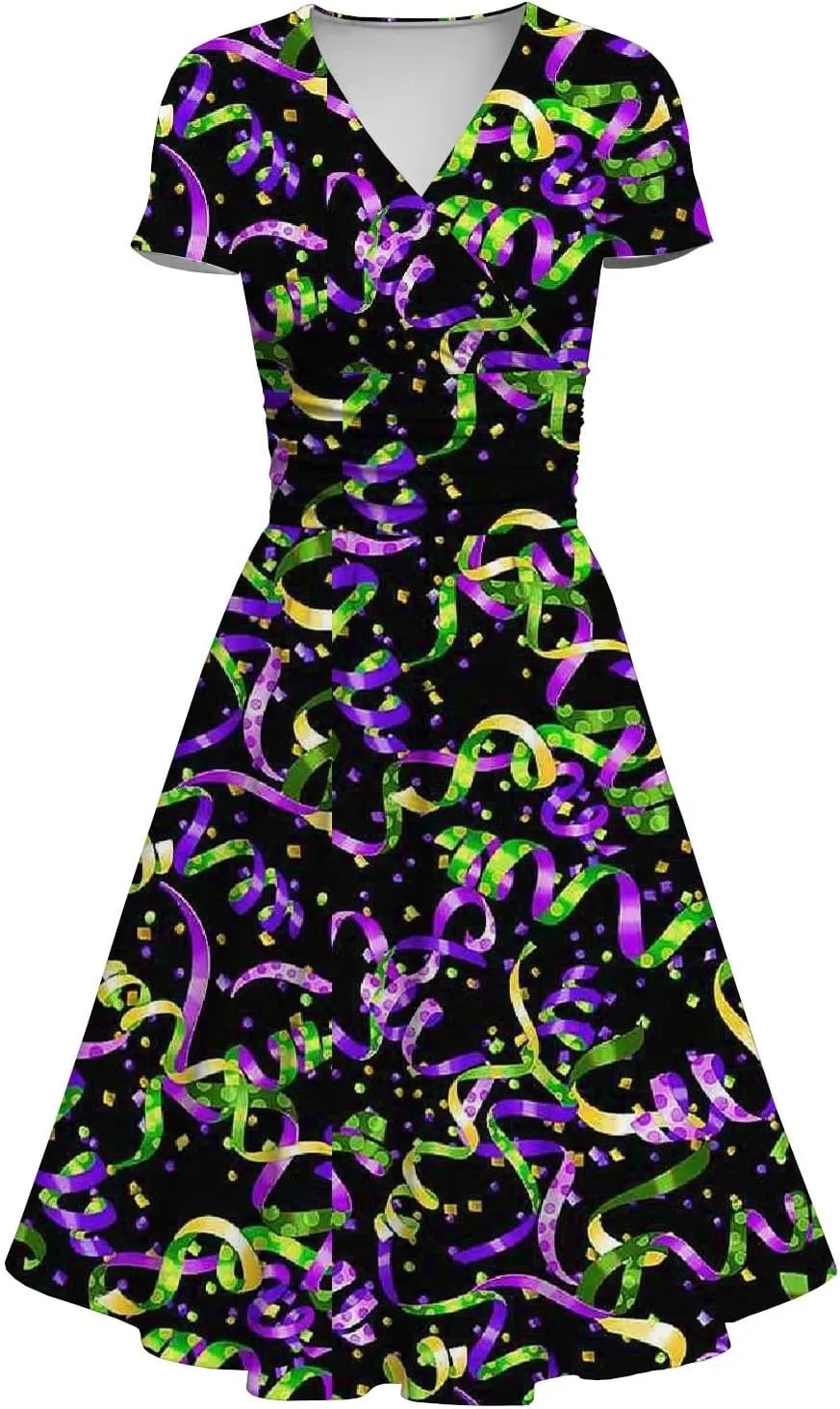 Mardi Gras Dress for Women, 2024 Summer Carnival & Party Maxi Dress with V-Neck & Short Sleeves