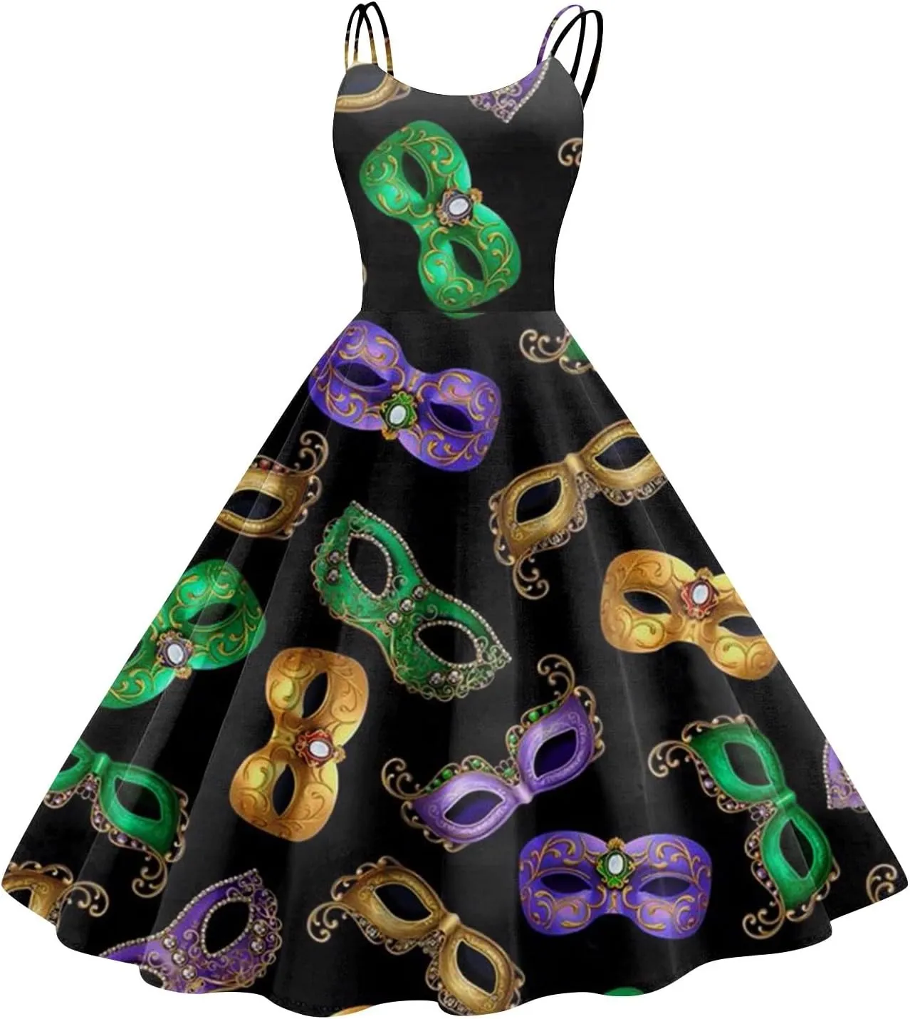 Mardi Gras Dress for Women Carnival Print Sexy Spaghetti Strap Cocktail Punk Vintage A-Line Swing Midi Dresses