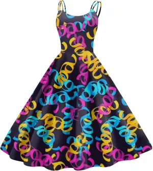 Mardi Gras Dress for Women Carnival Print Sexy Spaghetti Strap Cocktail Punk Vintage A-Line Swing Midi Dresses