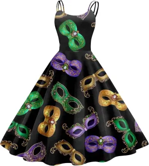 Mardi Gras Dress for Women Carnival Print Sexy Spaghetti Strap Cocktail Punk Vintage A-Line Swing Midi Dresses
