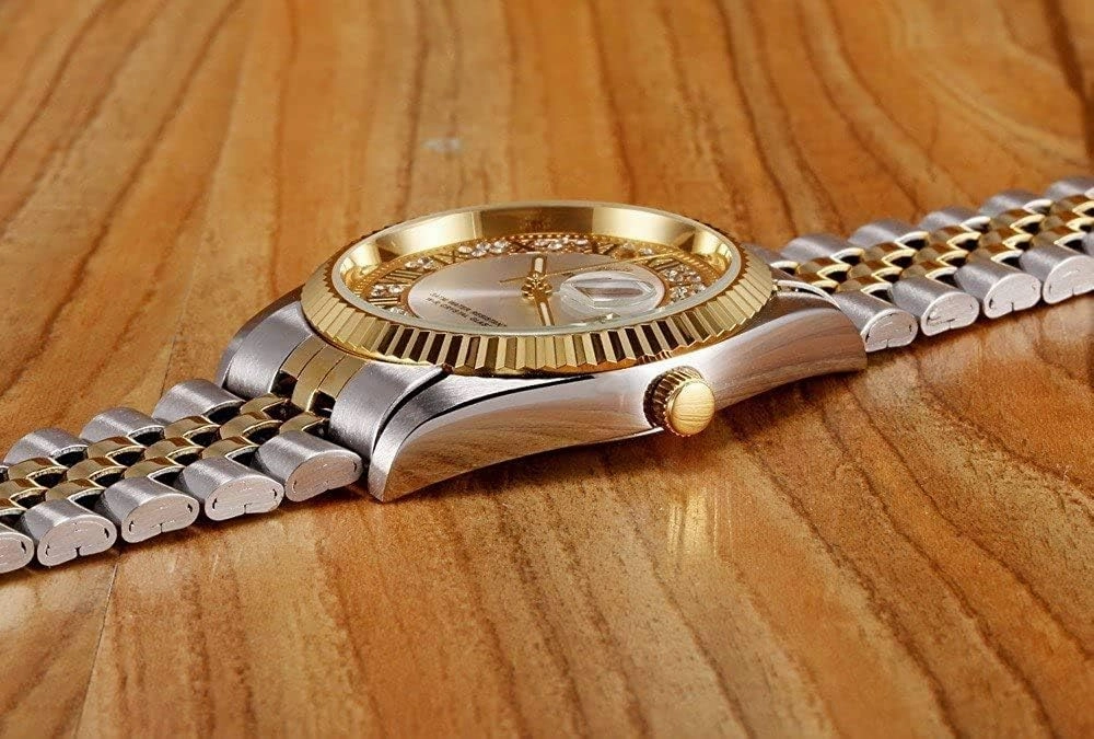 MASTOPMen Luxury Rhinestone Business Stainless Steel Waterproof Quartz Calendar Luminous Watch