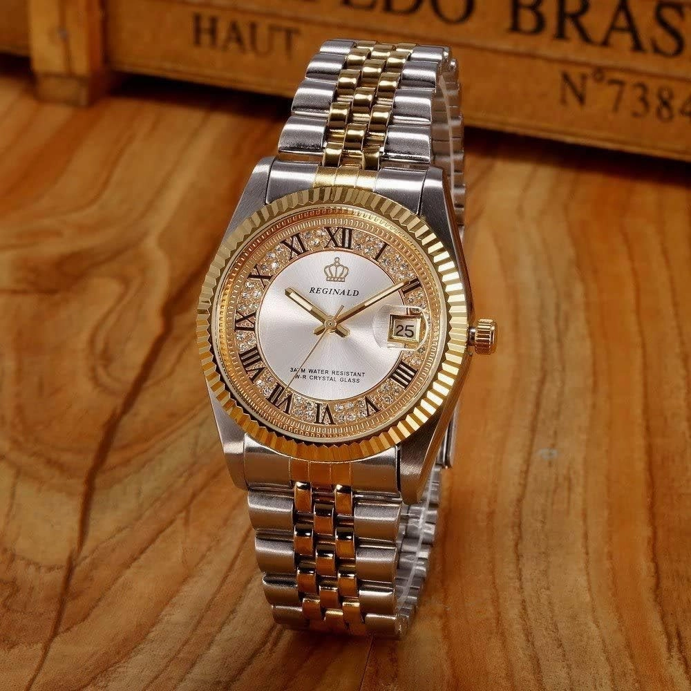 MASTOPMen Luxury Rhinestone Business Stainless Steel Waterproof Quartz Calendar Luminous Watch