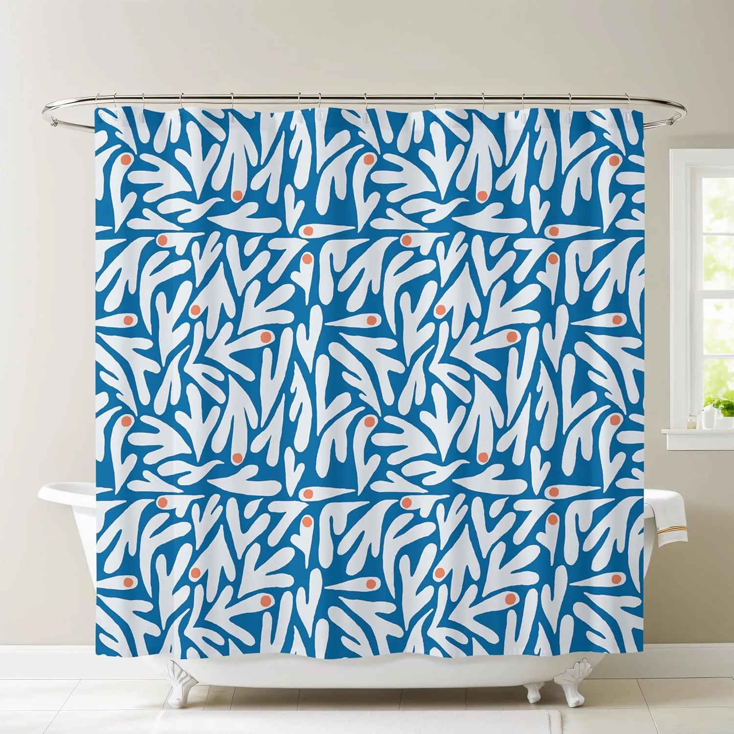 Matisse Blue and White Shower Curtain – 72x72 inch Abstract Floral Bathroom Curtain, Modern Art Design, Cute Fabric Cloth Curtain with Grommets