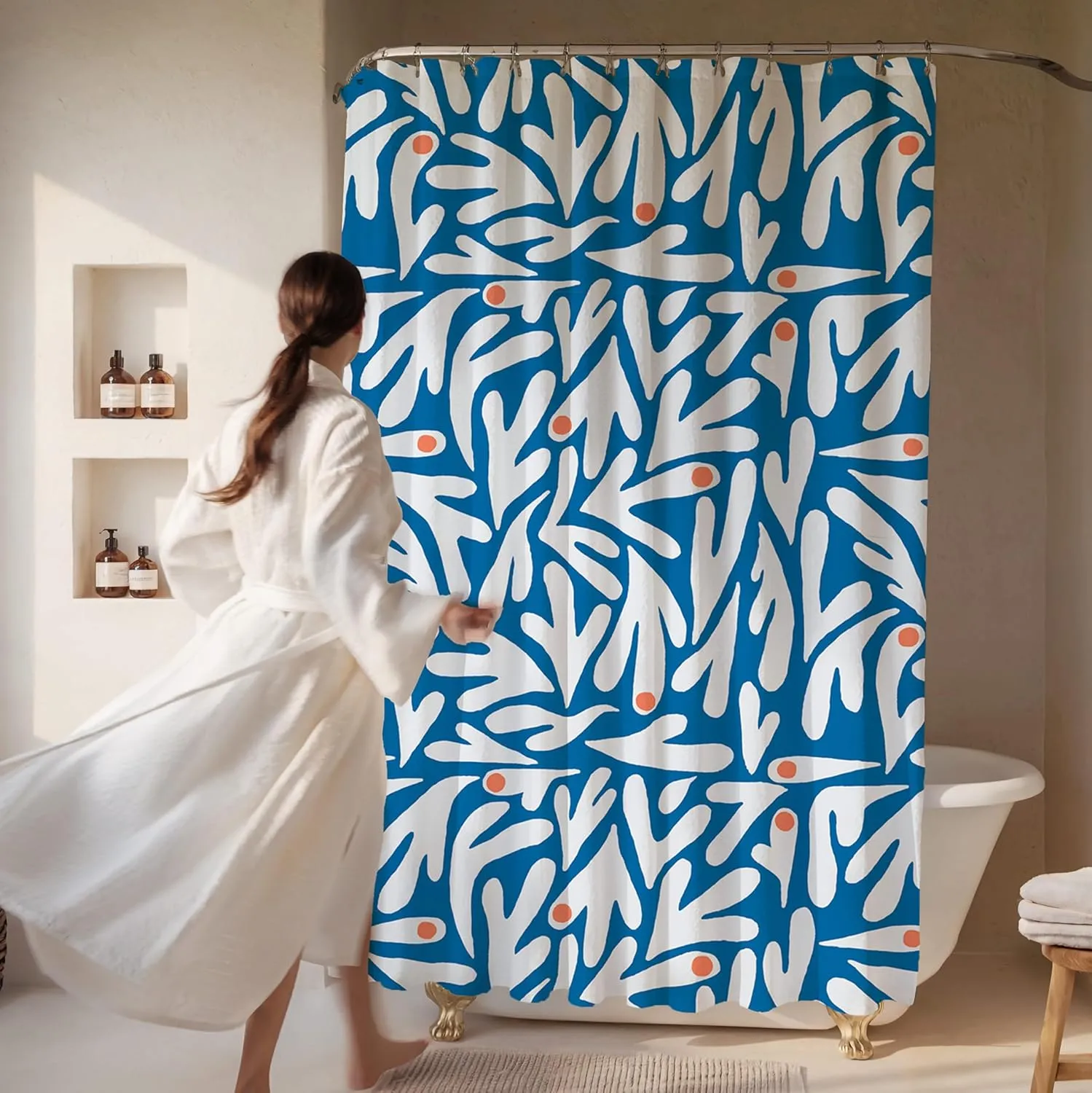 Matisse Blue and White Shower Curtain – 72x72 inch Abstract Floral Bathroom Curtain, Modern Art Design, Cute Fabric Cloth Curtain with Grommets