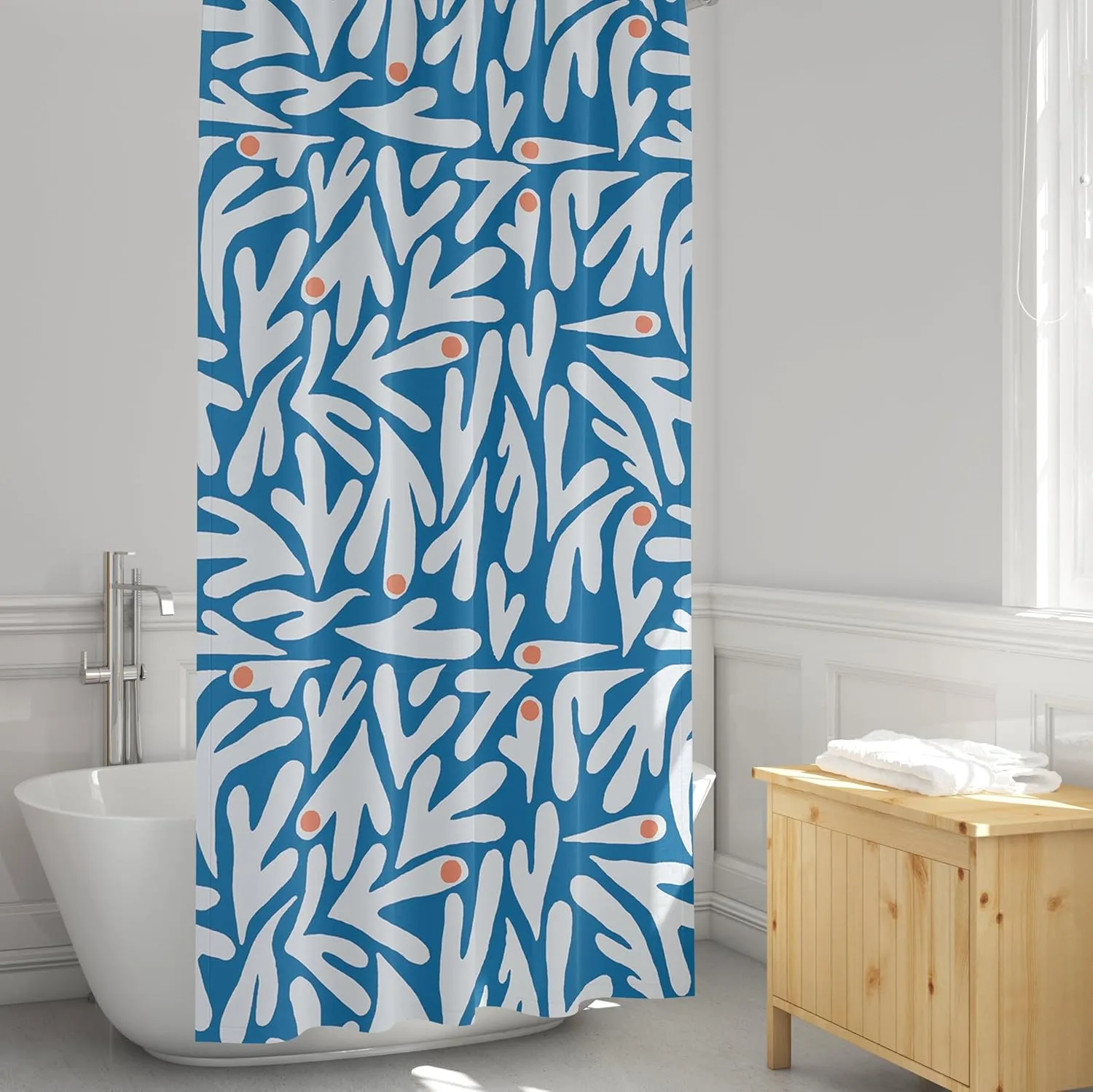 Matisse Blue and White Shower Curtain – 72x72 inch Abstract Floral Bathroom Curtain, Modern Art Design, Cute Fabric Cloth Curtain with Grommets