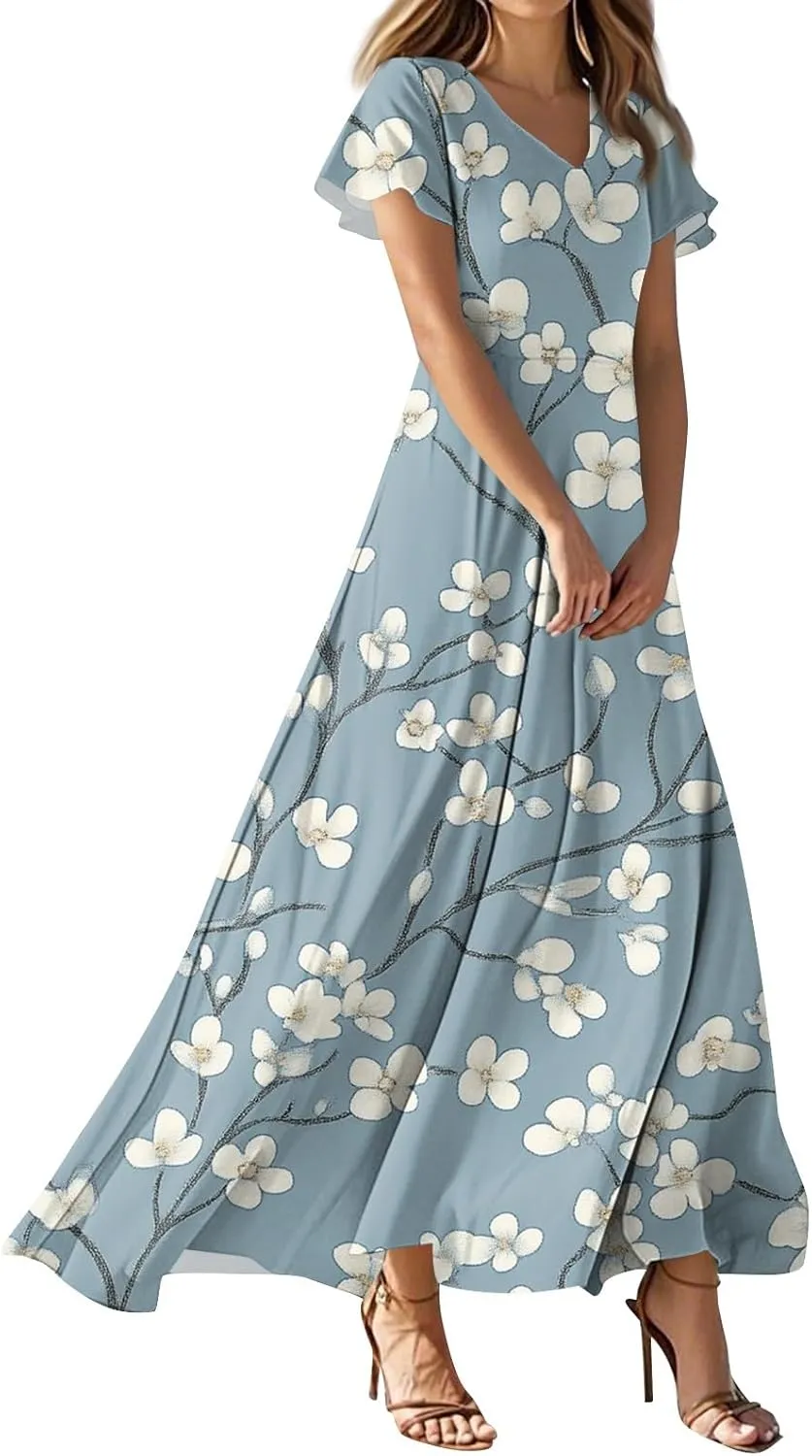 Maxi Dresses for Women,2025 Summer Elegant V Neck Short Sleeve Floral Beach Dress,Flowy Ruched Boho Vacation Dress