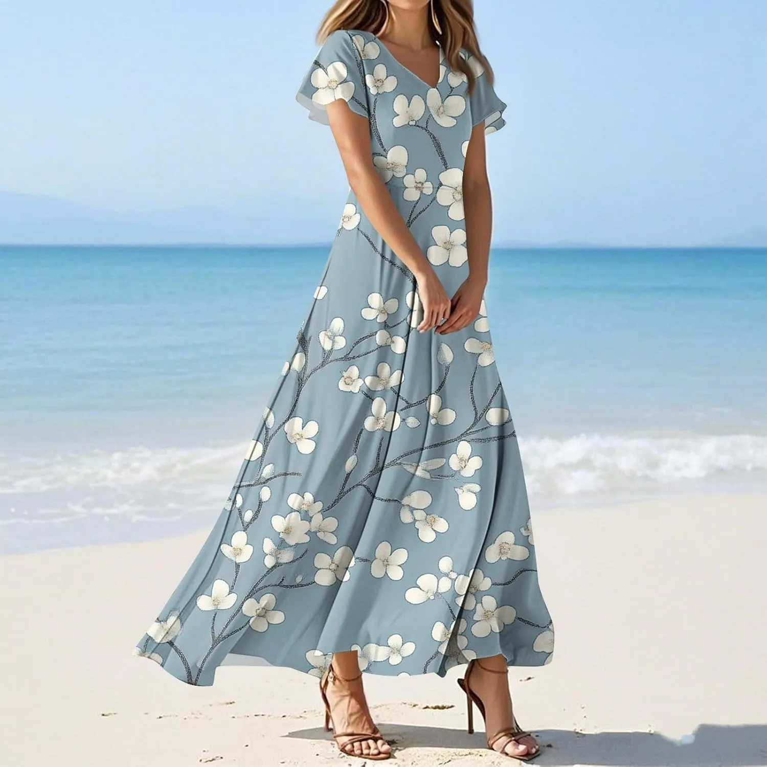 Maxi Dresses for Women,2025 Summer Elegant V Neck Short Sleeve Floral Beach Dress,Flowy Ruched Boho Vacation Dress