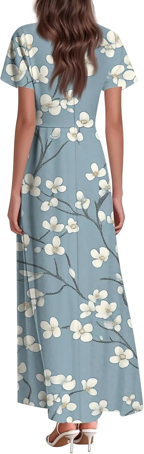 Maxi Dresses for Women,2025 Summer Elegant V Neck Short Sleeve Floral Beach Dress,Flowy Ruched Boho Vacation Dress