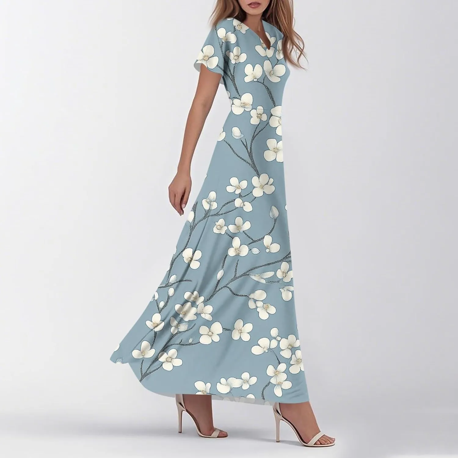 Maxi Dresses for Women,2025 Summer Elegant V Neck Short Sleeve Floral Beach Dress,Flowy Ruched Boho Vacation Dress