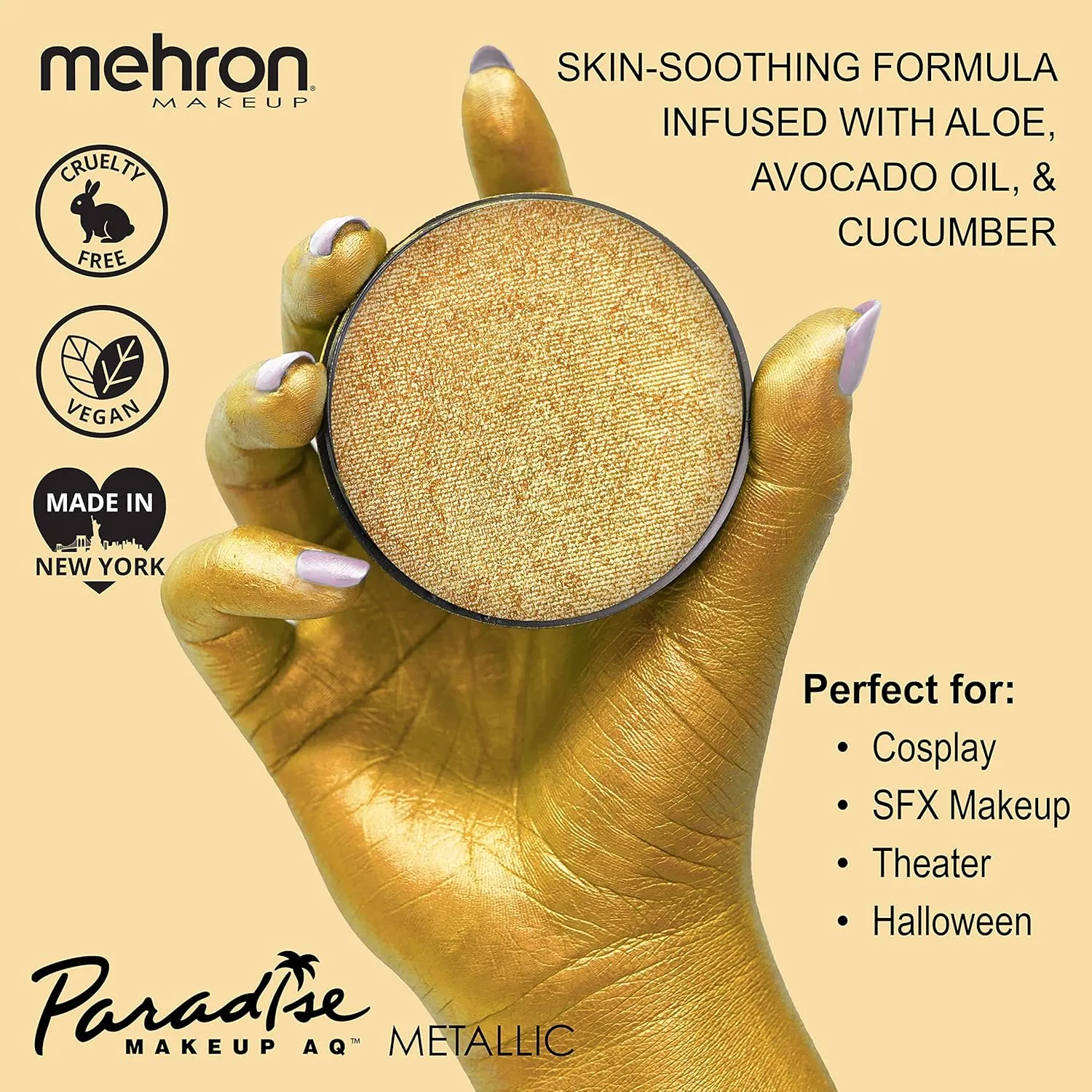 Mehron Makeup Paradise FX Makeup Pro Size | Stage & Screen, Face & Body Painting, Special FX, Beauty, Cosplay, and Halloween | Water Activated Face Paint & Body Paint 1.4 oz (40 g) (Metallic Gold)