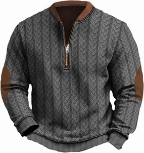 Men's Long Sleeve 1/4 Zip Pullover Sweater Vintage Stand Collar 3D Knit Pattern Sweater Casual Outdoor Sweatshirts