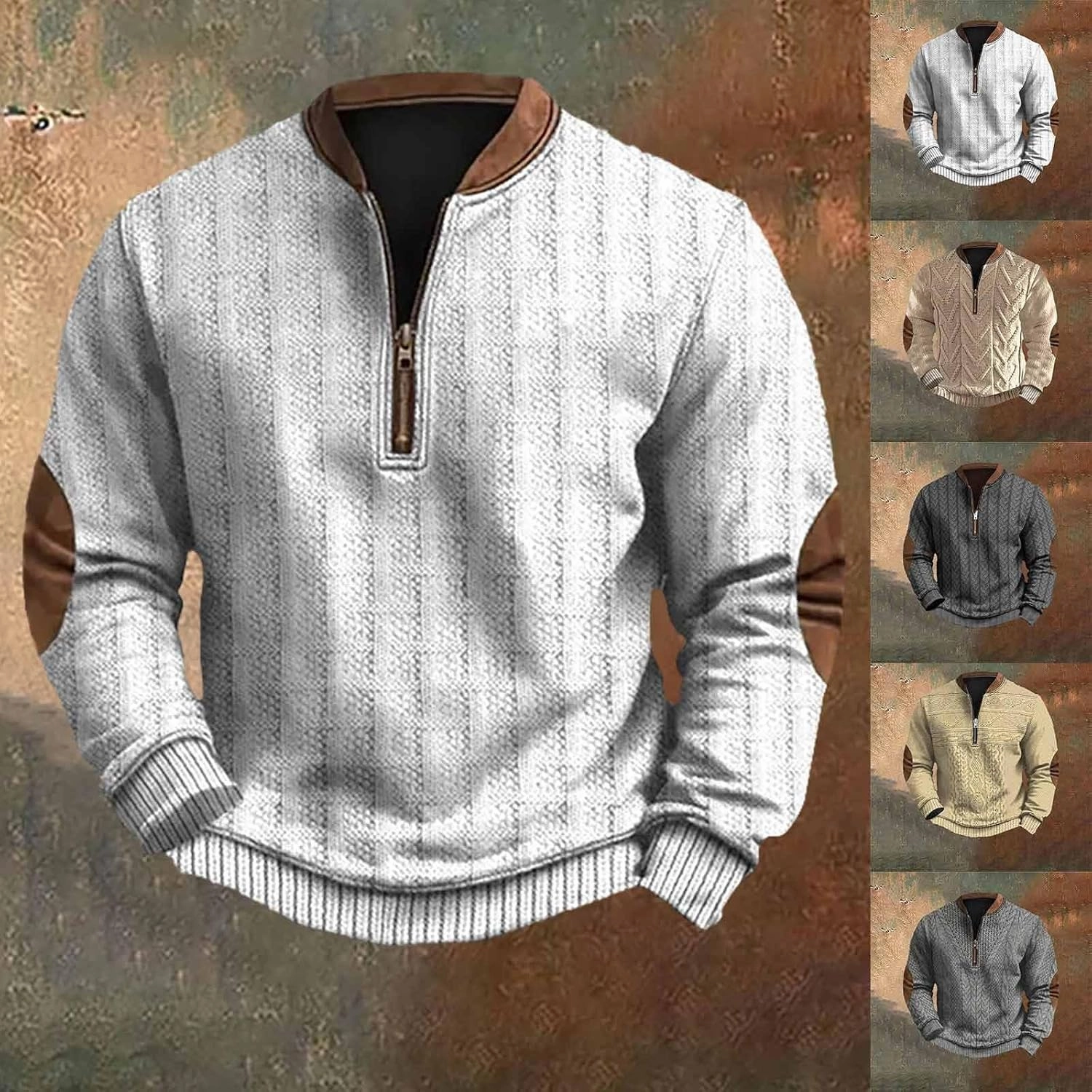 Men's Long Sleeve 1/4 Zip Pullover Sweater Vintage Stand Collar 3D Knit Pattern Sweater Casual Outdoor Sweatshirts