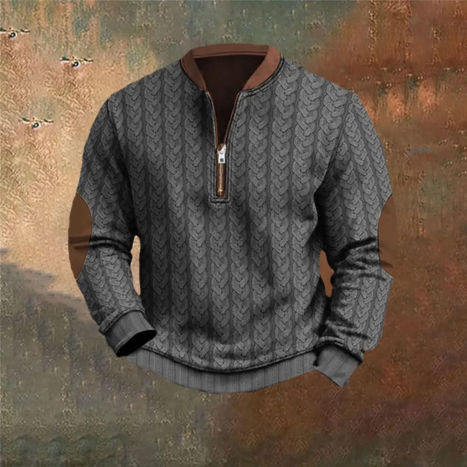 Men's Long Sleeve 1/4 Zip Pullover Sweater Vintage Stand Collar 3D Knit Pattern Sweater Casual Outdoor Sweatshirts